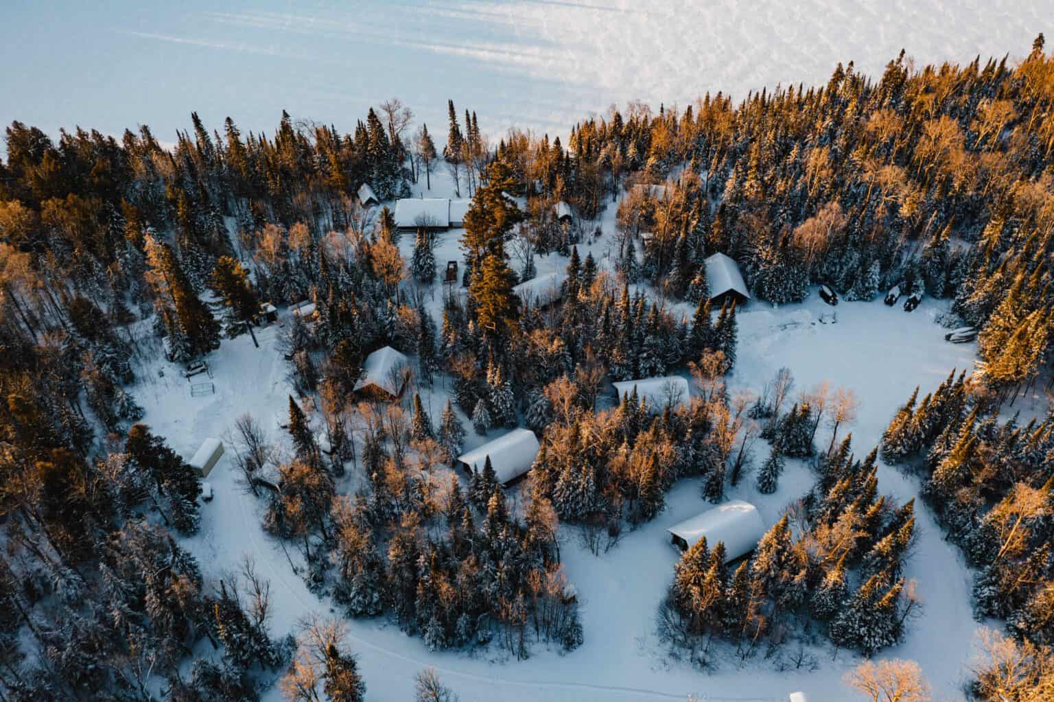 Snow-covered cabins and pine trees in a winter landscape for Coldwater Foundation website 2025.